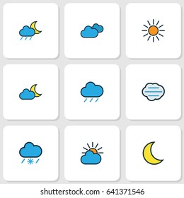 Meteorology Colorful Outline Icons Set. Collection Of Lunar, Overcast Weather, Hail And Other Elements. Also Includes Symbols Such As Cloud, Sunshine, Twilight.