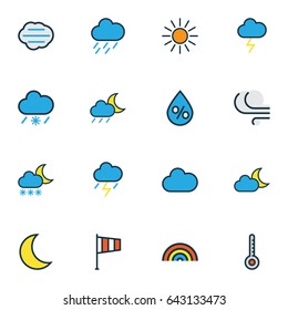 Meteorology Colorful Outline Icons Set. Collection Of Rainbow, Moonbeam, Tornado And Other Elements. Also Includes Symbols Such As Thunderstroke, Cloudburst, Degree.