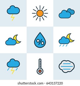 Meteorology Colorful Outline Icons Set. Collection Of Lunar, Sunshine, Raindrop And Other Elements. Also Includes Symbols Such As Sun, Degree, Thermometer.