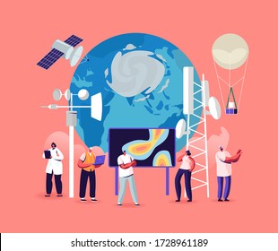 Meteorology Concept. Tiny Male and Female Characters around of Huge Earth Globe. Workers Set Up Equipment for Weather Control, Anchorman Forecast Broadcasting on Tv. Cartoon Vector People Illustration