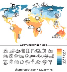 Meteorology Design Concept With Sketch Weather Forecast Symbols On World Map Vector Illustration