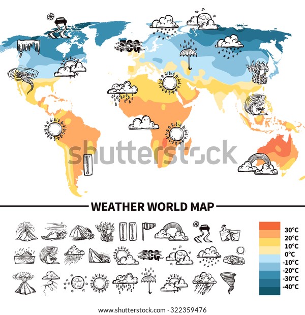 世界地図のベクターイラストに天気予報記号をスケッチした気象学デザインコンセプト のベクター画像素材 ロイヤリティフリー