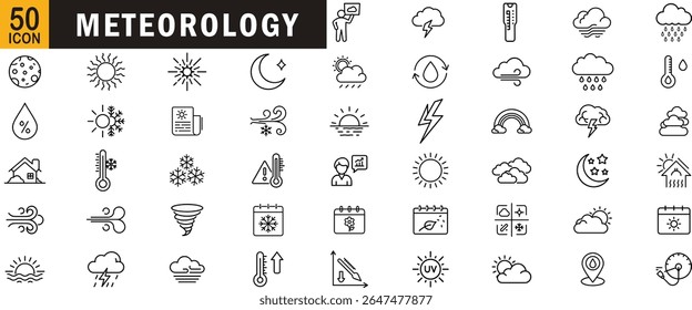 Meteorology editable outline icon set. Weather, temperature, cloud, forecast, climate and more.

