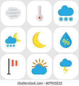 Meteorology Flat Icons Set. Collection Of Moon, Snow, Temperature And Other Elements. Also Includes Symbols Such As Moon, Storm, Frost.