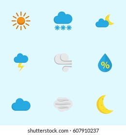 Meteorology Flat Icons Set. Collection Of Sun, The Flash, Drop And Other Elements. Also Includes Symbols Such As Wind, Moon, Crescent.