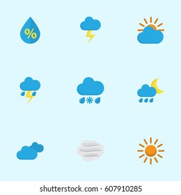 Meteorology Flat Icons Set. Collection Of Sunny, Overcast, The Flash And Other Elements. Also Includes Symbols Such As Flash, Sky, Hot.