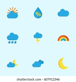 Meteorology Flat Icons Set. Collection Of Drop, Rain, Cloud And Other Elements. Also Includes Symbols Such As Sunny, Sun, Cloud.