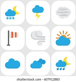 Meteorology Flat Icons Set. Collection Of Banner, Cloud, Storm And Other Elements. Also Includes Symbols Such As Shower, Hailstones, Sky.