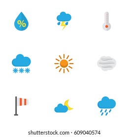 Meteorology Flat Icons Set. Collection Of Sun, Banner, Windy And Other Elements. Also Includes Symbols Such As Moon, Drop, Sun.