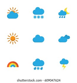 Meteorology Flat Icons Set. Collection Of Sun, The Flash, Drizzles And Other Elements. Also Includes Symbols Such As Shower, Hailstones, Cloudy.
