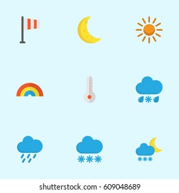 Meteorology Flat Icons Set. Collection Of Banner, Temperature, Drizzles And Other Elements. Also Includes Symbols Such As Winter, Colors, Shower.