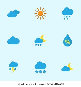 Meteorology Flat Icons Set. Collection Of Snow, Cloud, Shower And Other Elements. Also Includes Symbols Such As Hailstones, Cloudy, Hot.