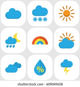 Meteorology Flat Icons Set. Collection Of Sun, Sunny, The Flash And Other Elements. Also Includes Symbols Such As Clouds, Drip, Rainbow.