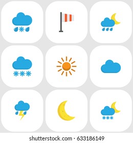 Meteorology Flat Icons Set. Collection Of Drizzles, Sun, Frosty And Other Elements. Also Includes Symbols Such As Colors, Crescent, Snow.