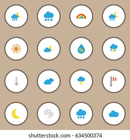 Meteorology Flat Icons Set. Collection Of The Flash, Crescent, Cloud And Other Elements. Also Includes Symbols Such As Flash, Rainy, Sky.