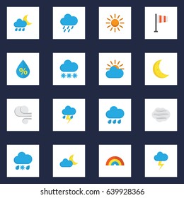Meteorology Flat Icons Set. Collection Of Crescent, The Flash, Banner And Other Elements. Also Includes Symbols Such As Storm, Demilune, Sun.