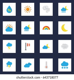 Meteorology Flat Icons Set. Collection Of Windy, Snow, Frosty And Other Elements. Also Includes Symbols Such As Overcast, Moon, Banner.