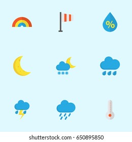Meteorology Flat Icons Set. Collection Of Lightning, Banner, Rain And Other Elements.