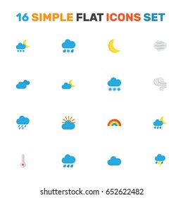 Meteorology Flat Icons Set. Collection Of Temperature, Windy, Rain And Other Elements. Also Includes Symbols Such As Cloud, Drizzles, Outbreak.