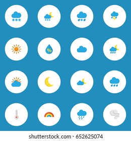 Meteorology Flat Icons Set. Collection Of Bow, Hailstones, Moon And Other Elements. Also Includes Symbols Such As Rainbow, Cloudy, Outbreak.