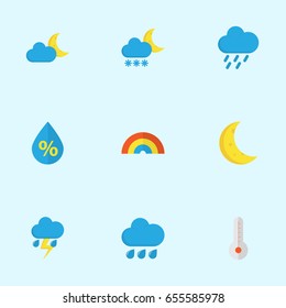 Meteorology Flat Icons Set. Collection Of Drop, Frosty, Rain And Other Elements. Also Includes Symbols Such As Hot, Hail, Rainbow.