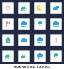 Meteorology Flat Icons Set. Collection Of Overcast, Snow, Drizzles And Other Elements. Also Includes Symbols Such As Wind, Frost, Clouds.
