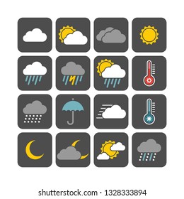 Meteorology flat vector icons set. Weather forecast flat vector icons set