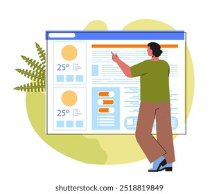 Meteorologia geofísica ciência. O homem olha a previsão do tempo. Física e medição de temperatura. Meteorologista no trabalho. Ilustração de vetor plano isolada no plano de fundo branco