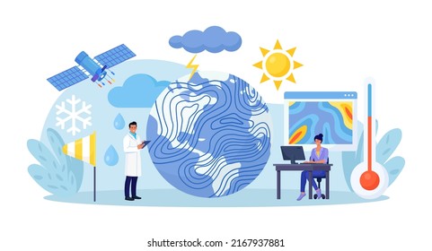 Meteorology, Geophysics Science. Meteorologists Studying, Researching Climate Condition. Weather Forecaster Predict Weather With Satellite Service, Met Station And Space Engineering. Planetary Science