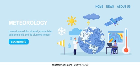 Meteorology, Geophysics Science. Meteorologists Studying, Researching Climate Condition. Weather Forecaster Predict Weather With Satellite Service, Met Station And Space Engineering. Planetary Science
