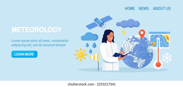 Meteorology, geophysics science. Meteorologists studying, researching climate condition. Weather forecaster predict weather with satellite service, met station and space engineering. Planetary science