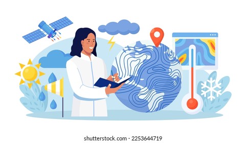 Meteorology, geophysics science. Meteorologists studying, researching climate condition. Weather forecaster predict weather with satellite service, met station and space engineering. Planetary science