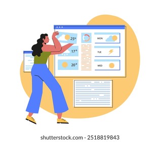 Meteorologia geofísica ciência. A mulher olha a previsão do tempo. Física e medição de temperatura. Meteorologista no trabalho. Ilustração de vetor plano isolada no plano de fundo branco