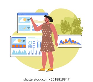 Meteorology geophysics science. Woman looks at graphs and diagrams. Physics and temperature measurement. Meteorologist at workplace. Flat vector illustration isolated on white background