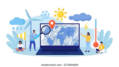 Meteorology, geophysics, weather prediction. Meteorologist studying and researching weather, climate condition online on laptop with world cyclone map. Forecasters work in meteorological center 