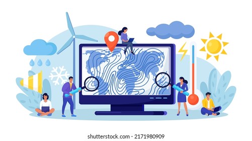 Meteorology, geophysics, weather prediction. Meteorologist studying and researching weather, climate condition online on computer with world cyclone map. Forecasters work in meteorological center 