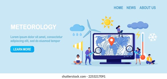 Meteorology, geophysics, weather prediction. Meteorologist studying and researching weather, climate condition online on computer with world cyclone map. Forecasters work in meteorological center 