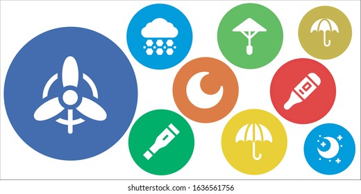 meteorology icon set. 9 filled meteorology icons. Included Wind, Hail, Umbrella, Thermometer, Night icons