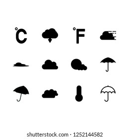 meteorology icon set about temperature, umbrella, cloud and thermometer vector set