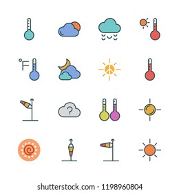 meteorology icon set. vector set about cloudy, wind sign, cloud and thermometer icons set.