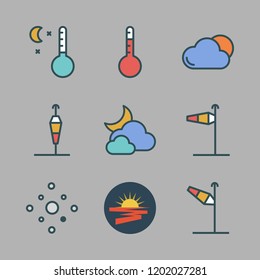 meteorology icon set. vector set about cloudy, wind sign, temperature and sun icons set.