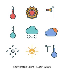 meteorology icon set. vector set about sun, cloud, thermometer and wind sign icons set.