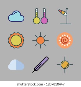 meteorology icon set. vector set about sun, wind sign, thermometer and cloud icons set.