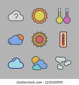 meteorology icon set. vector set about thermometers, sun, thermometer and cloudy icons set.