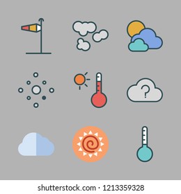 meteorology icon set. vector set about sun, temperature, wind sign and cloudy icons set.