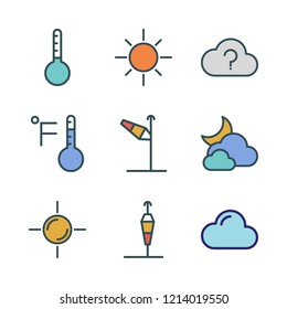 meteorology icon set. vector set about thermometer, cloud, sun and cloudy icons set.