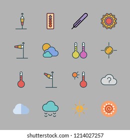 meteorology icon set. vector set about thermometers, cloudy, wind sign and thermometer icons set.