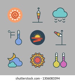 meteorology icon set. vector set about sun, wind sign, thermometers and cloudy icons set.