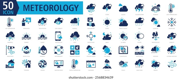 METEOROLOGY ICON SET With windy, storm, cloudy, thunderstorm, rainbow, low temperatures, hot temperature, forecaster, precipitation and low visibility