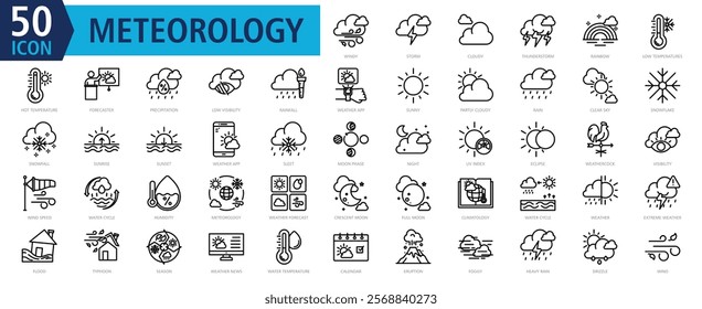 METEOROLOGY ICON SET With windy, storm, cloudy, thunderstorm, rainbow, low temperatures, hot temperature, forecaster, precipitation and low visibility